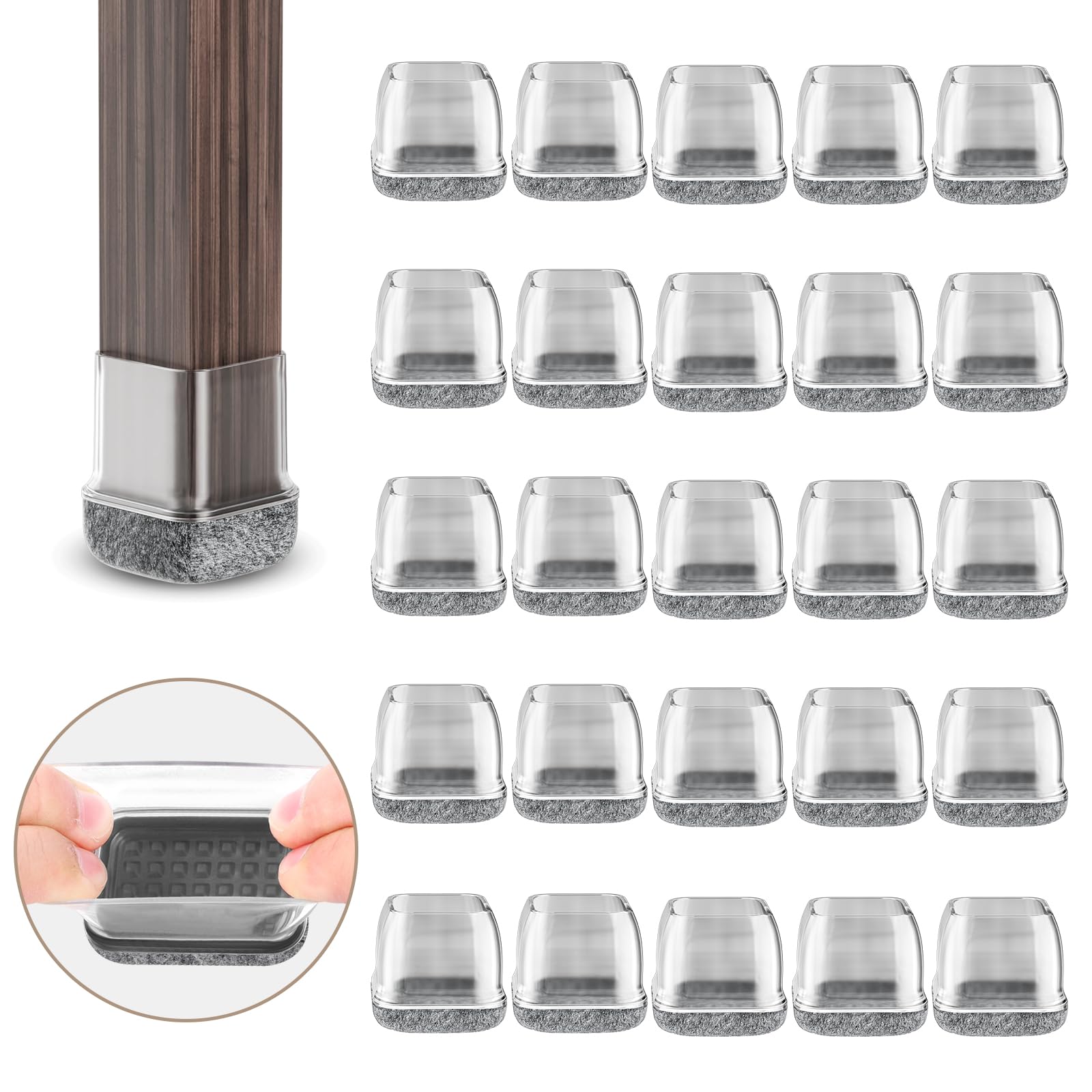 RCHYFEED 24Pcs Silicone Chair Leg Floor Protectors 28-36mm, Transparent Furniture Leg Caps Cups with Grey Felt Pads for Protecting Hardwood Floors from Scratches, Furniture Sliders Table Leg Cover