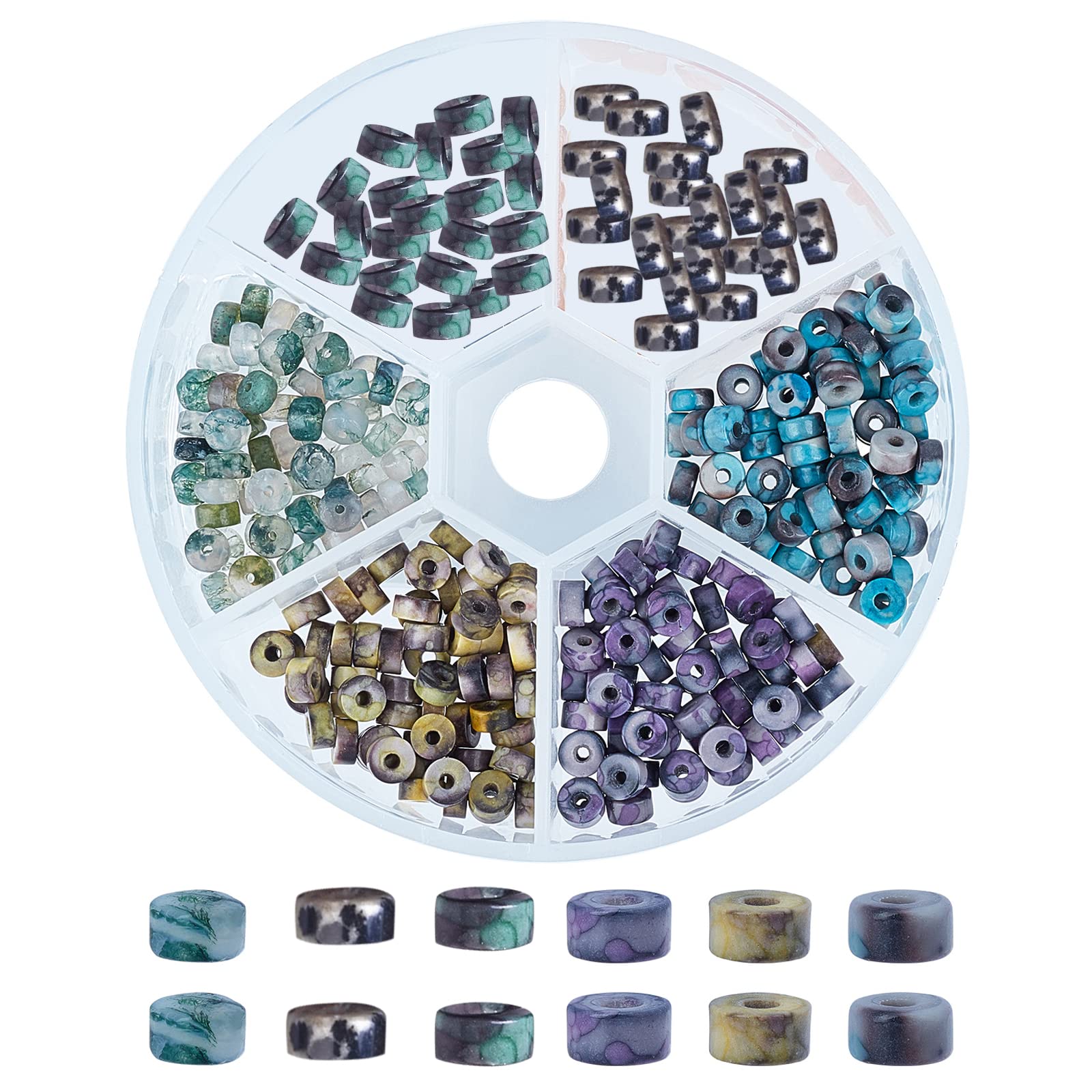 NBEADS 480 Pcs Heishi Disc Gemstone Beads, 6 Colors Dyed Column Stone Beads Ocean White Jade & Moss Agate & Aventurine Beads for Jewelry Making, Hole: 0.6mm