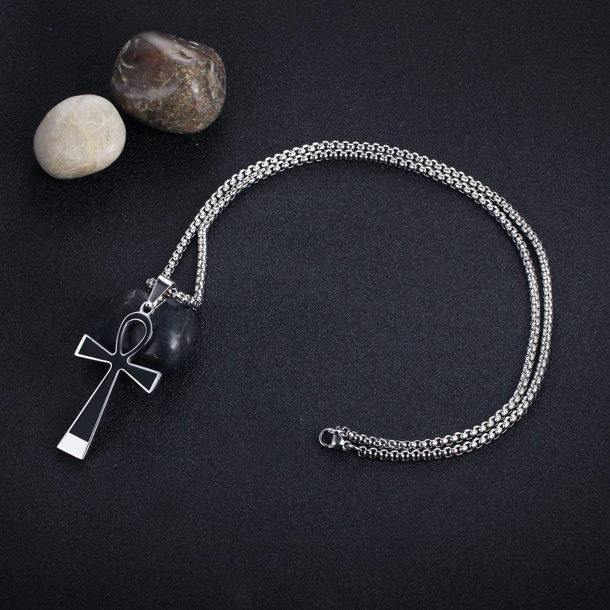 Rehoboth Ankh Ancient Egyptian Coptic Cross Pendant Necklace for Womens Mens 24 Inch Stainless Steel Chain Black Gold Silver