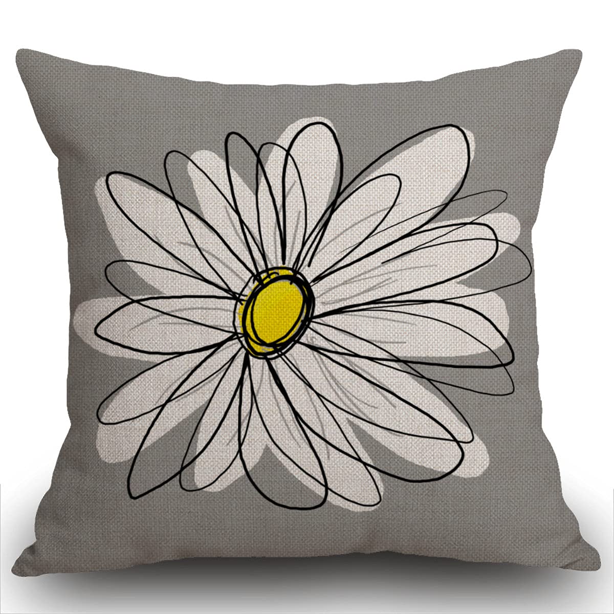 Smooffly Custom Fashion Home Decor Cushion Case Grey and White Trendy Daisy with Gray and Yellow Square Throw Pillow Cover Pillowcase 18x18 Inches 45X45cm
