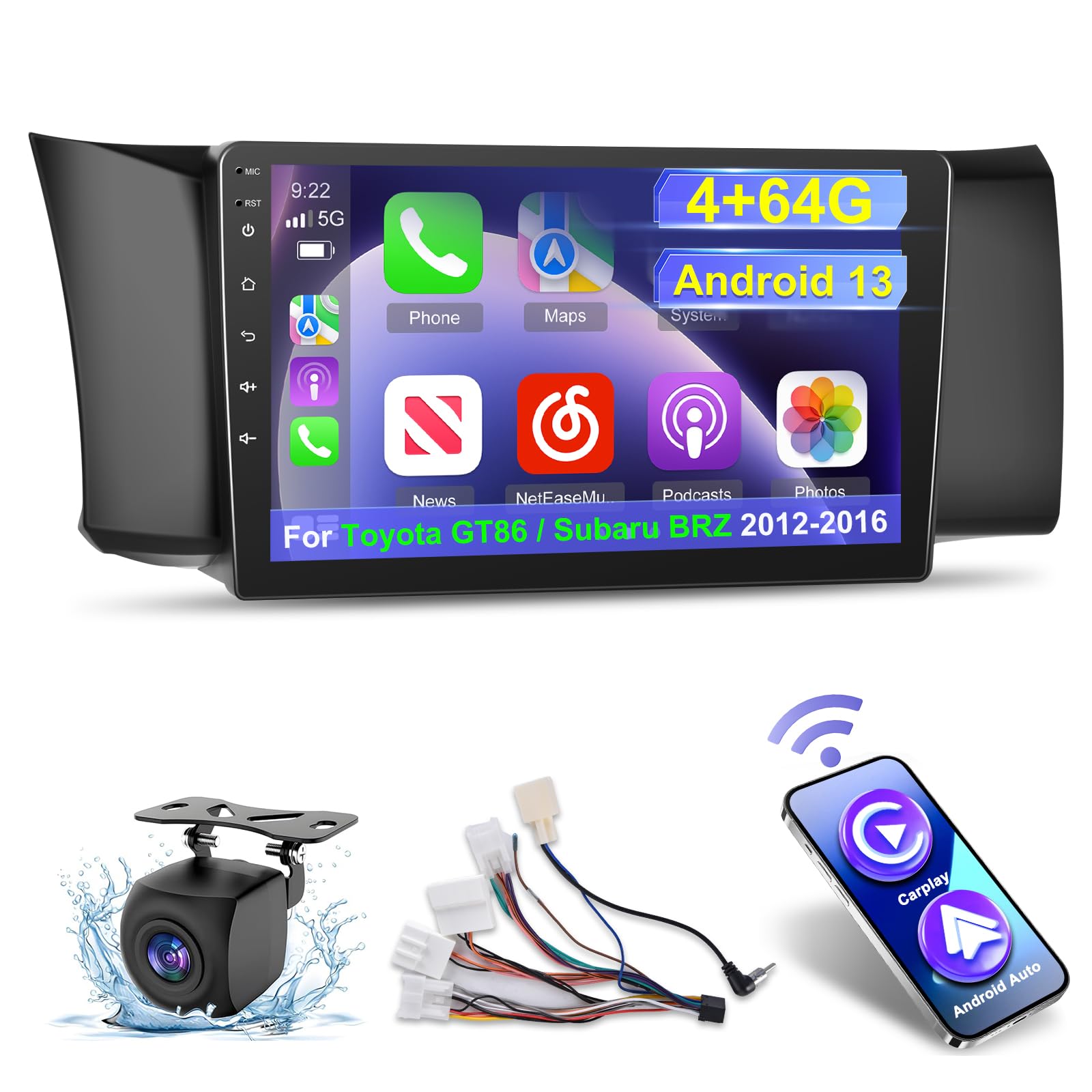 Photo 1 of [4+64G] Android Car Radio for Toyota GT86 / Subaru BRZ 2012-2016 - Wireless Carplay and Android Auto - 9 Inch 1280 * 720 HD Touch Screen Car Stereo - 32 EQ/WiFi/GPS/SWC + AHD Backup Camera
