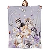 VODRM Adorable Kitten Blanket Cute Cat and Butterfly on Lavender Throw Blankets Gifts for Girls Women Adults Lightweight Soft Fleece Cozy for Sofa Couch Bed Room Travel Birthday Decor 50x60in