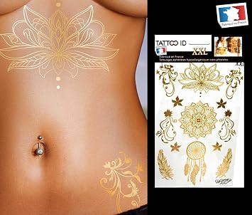 Tatouage Ephemere Temporaire Femme Gold Doré Or Lotus Mandala Fleur Tattoo Id Xxl Hypoallergénique Fabriqué En France 1 Planche 22cm X 145cm Femme
