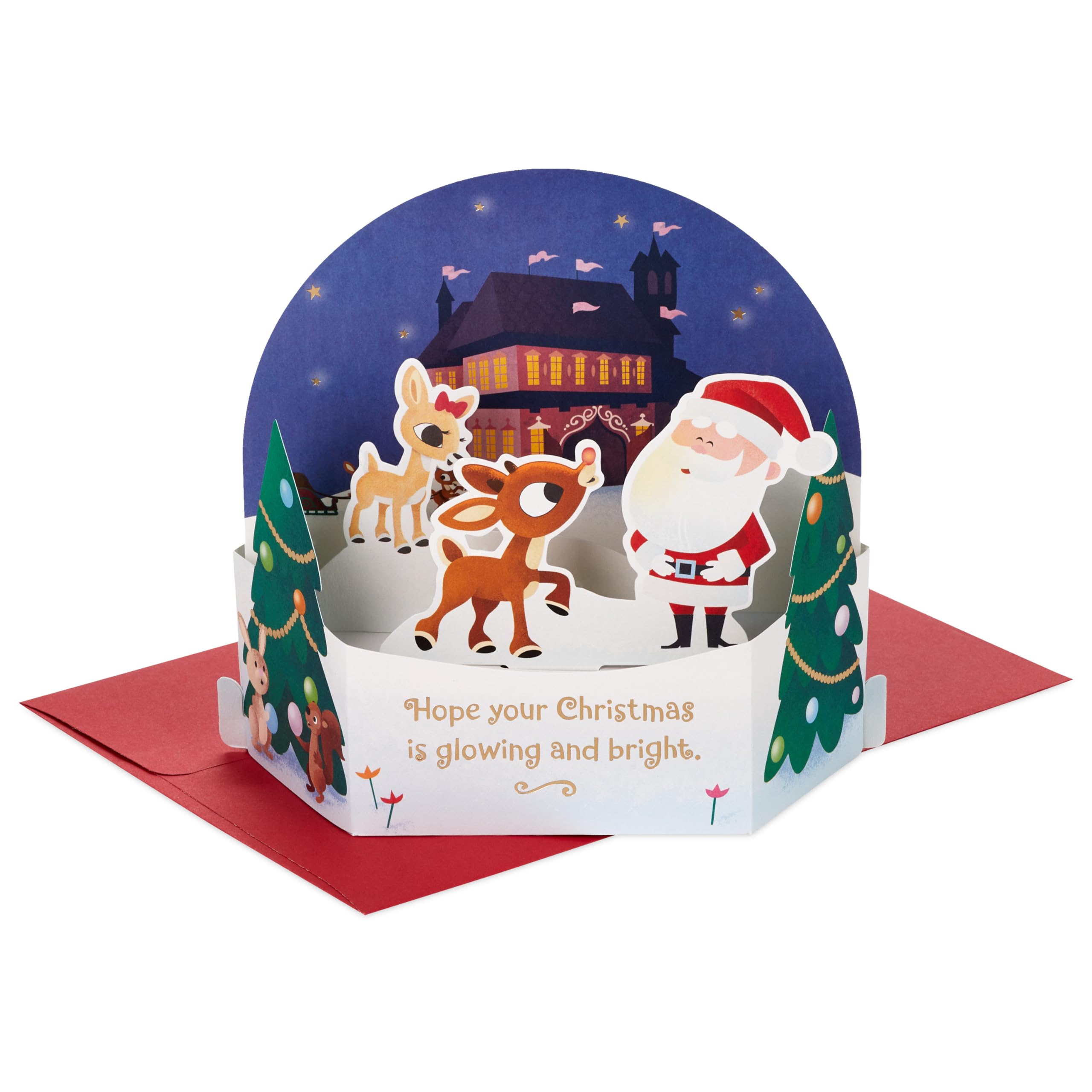 Hallmark Christmas Card, 3D and Pop Up Christmas Card, Santa and Rudolph, Snow Globe Design