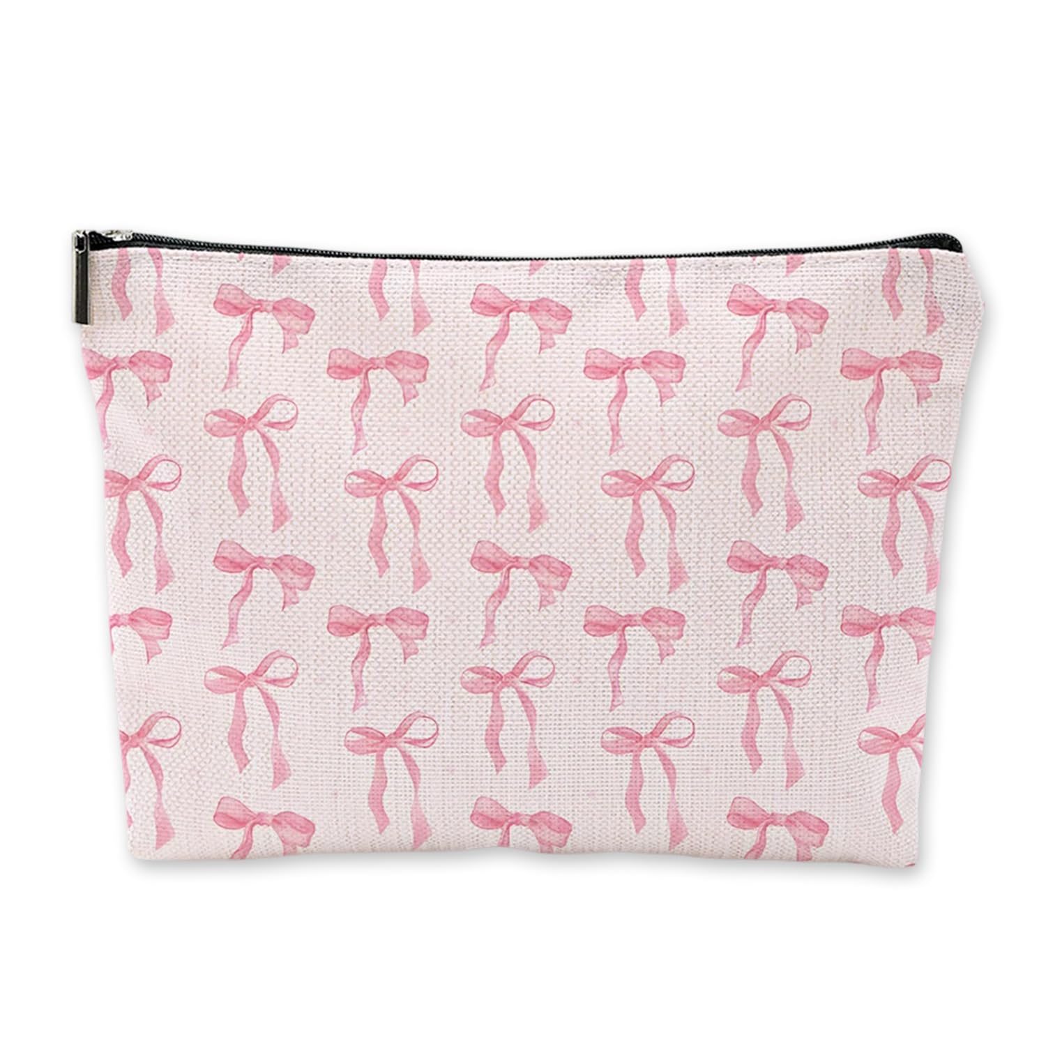 Pink Bow Makeup Bag, Small Make up Bag, Waterproof Linen Cosmetic Pouch with Zipper, Aesthetic Travel Toiletry Organizer for Women