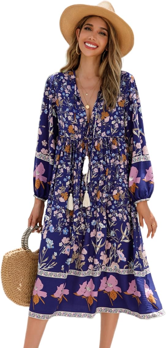 V Neck Tassel Bohemian Midi Dresses 