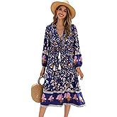 R.Vivimos Women's Long Sleeve Floral Print Retro V Neck Tassel Bohemian Midi Dresses