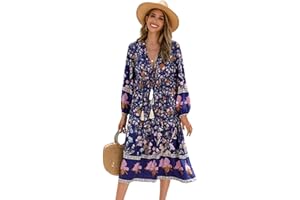 R.Vivimos Women's Long Sleeve Floral Print Retro V Neck Tassel Bohemian Midi Dresses