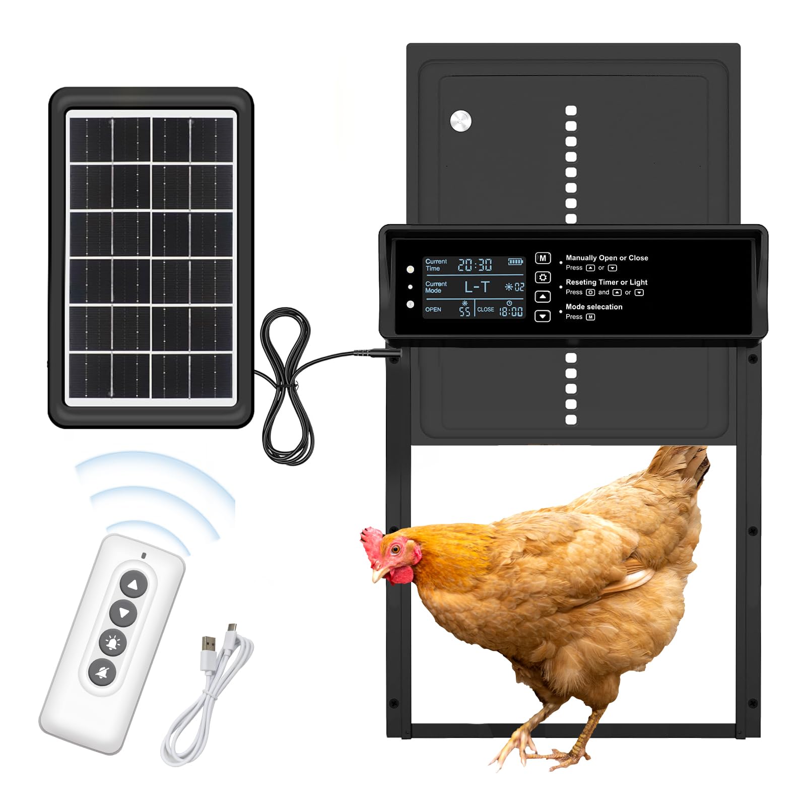Photo 1 of KERIDAZPLY Automatic Chicken Coop Door Solar Powered Chicken Door with Timer & Light Sensor Aluminum Auto Chicken Coop Door Opener with Remote Control, Battery Operated & 4 Modes (Black Grey)