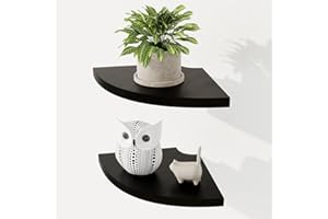 Fun Memories Corner Shelf Wall Mount Set of 2 - Solid Oak Wood Floating Corner Shelf with Cable Hole, 7in Rustic Design for Bedroom, Living Room, Kitchen (Black)