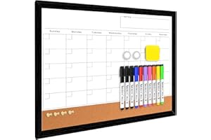 ABERLLS Monthly Calendar Dry Erase Board for Wall, 17"x13" Whiteboard with Black Wood Framed, Magnetic White Boards, 2in1 White Board Cork Board Combo, Calendar Bulletin Board for Kitchen Planner Memo Office