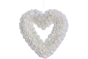 JINGHONG Valentine’s Day Wreath,13 Inch Artificial Heart-Shaped Wreath Romantic Rose Wreaths for Front Door for Valentine’s Day Gifts Anniversary Wedding Candlelight Dinner Decor(Cream)