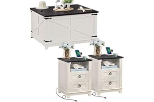JOAXSWE Farmhouse Coffee Table Set of 3, Furniture Set with Charging Station, Coffee Table with Hidden Storage Organizer and Nightsand 3-piece set, Country Center Table Set for Living Room,Office, Home
