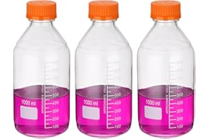 PATIKIL 3 Pack Reagent Media Storage Bottles, 1000ml Borosilicate Glass Graduated Round Bottles with Orange GL32 Screw Cap fo