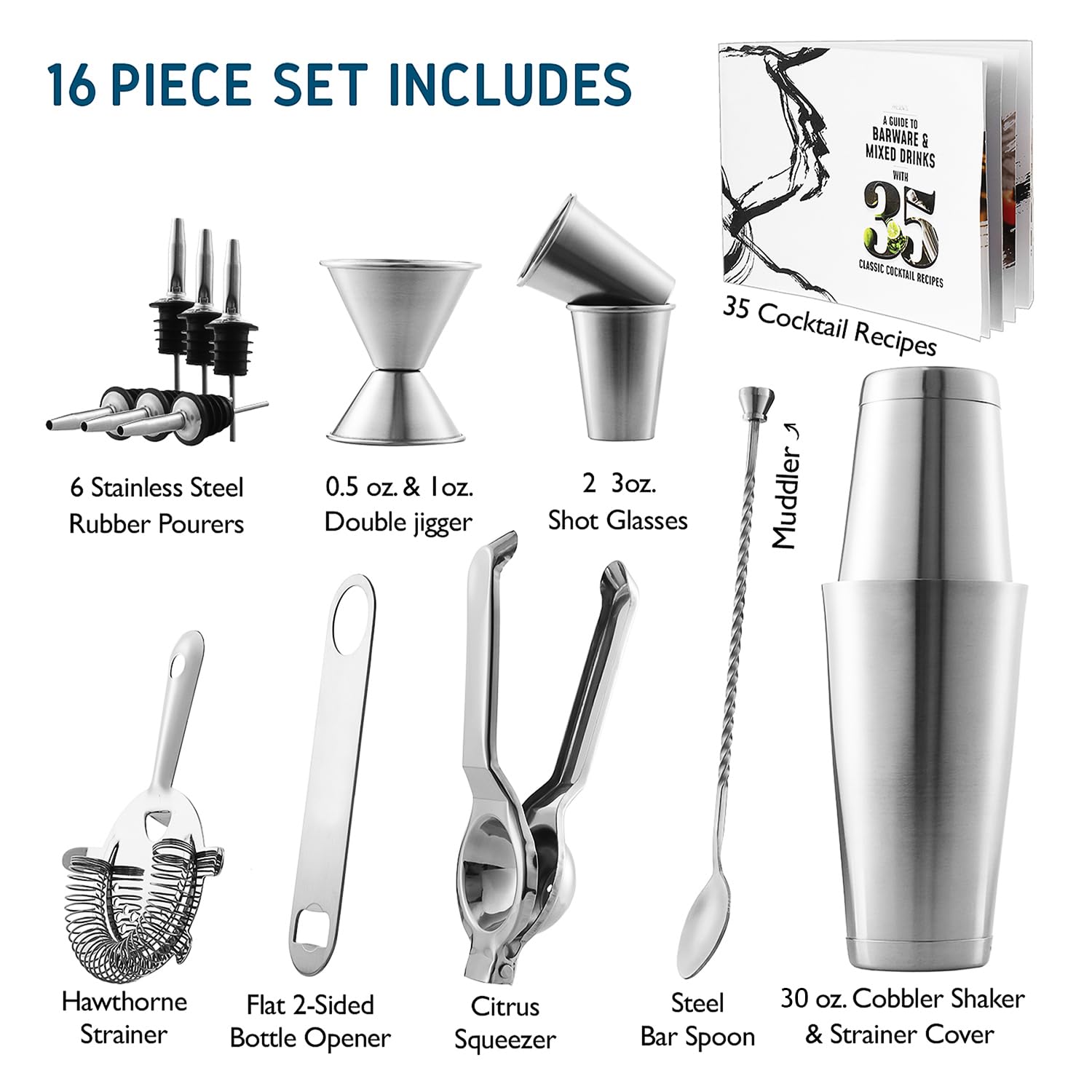 Bar Set Cocktail Shaker Set, Stainless Steel Mixology Bartender Kit, 16 Piece Cocktail Kit, Silver Cocktail Set, Bar Tools: 30oz Martini Shaker, Muddler, Bar Kit Cocktail Book, Jigger and Pourers - Image 2