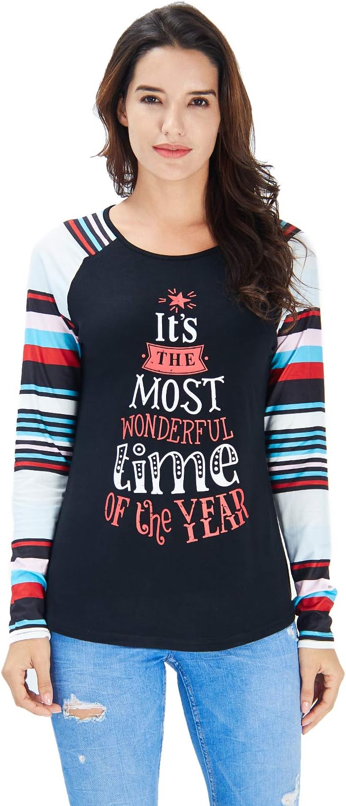Idgreatim Women Christmas Print Long Sleeve Crew Neck T Shirt Tops Blouse