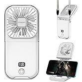 ZEXALIGHT USB Rechargeable Upgraded 5-in-1 Portable Handheld Fan, Necklace Fan, Mini Desk Fan, Foldable Phone Stand, 4 Speeds Airflow, Quiet Personal Fans with LED Digital Screen (White)