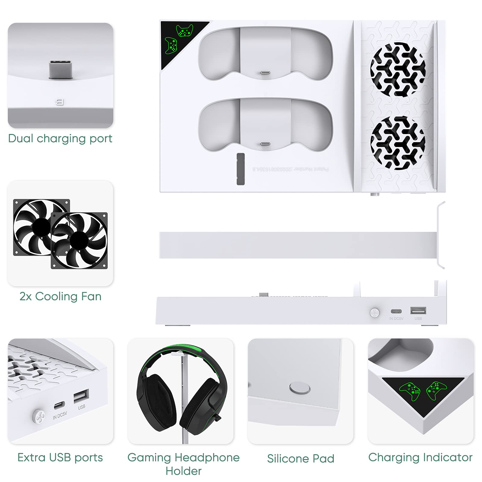FASTSNAIL Cooling Fan Station for Xbox Series S - 1400mAh Rechargeable Battery Pack & Dual Controller Charging Dock, High Speed Cooler Stand with Headset Holder Compatible with Xbox Series S Console
