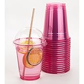 Golden Apple, 12oz 50sets Pink Red Plastic cups with Clear Dome lids with hole (50cups+50lids) BPA Free