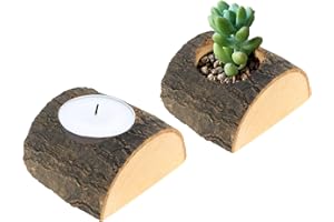 T-SHIN Wooden Tea Light Candle Holder Set,2PACK Half Cut Flower Plant Pot,Bark Candlestick Holders for Home Decoration Rustic Christmas Party
