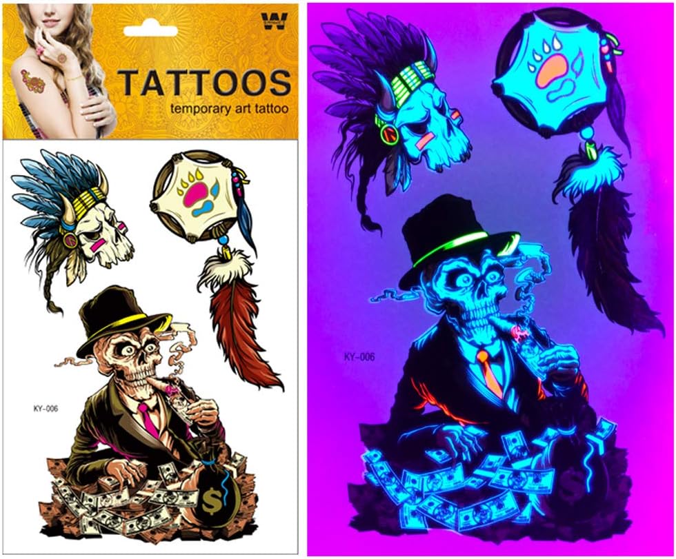 RichBoo 4 Pack UV-Temporary-Tatoos Blacklight-Tattoos-Bulk Tribal Dark Skull sleeve Tatoo