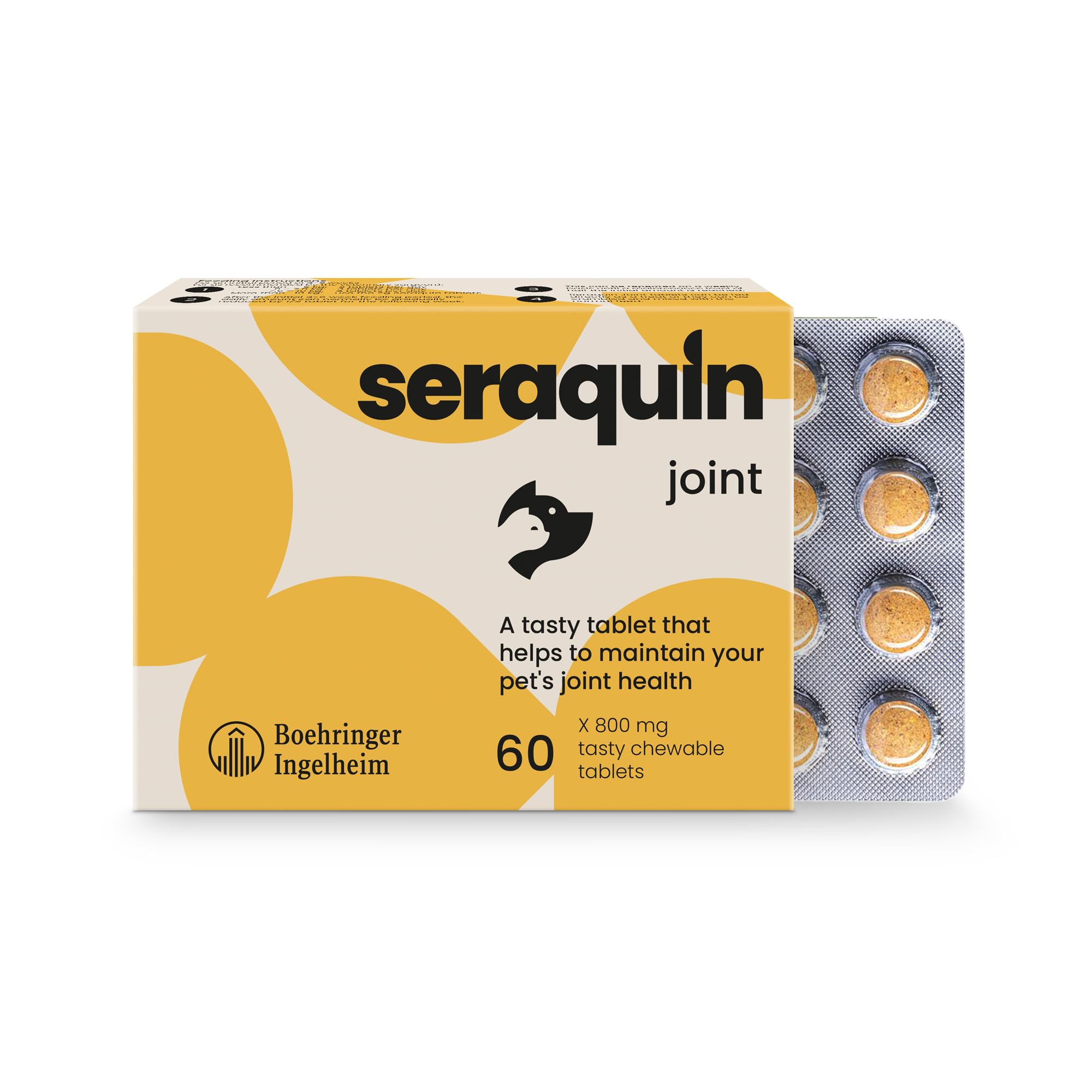 Seraquin Joint | 60 x 800 mg chewable tablets | Maintains healthy joints | Supports mobility | Glucosamine, chondroitin and turmeric | For small dogs and cats