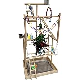 Niwaes 4-Tier Large Wooden Bird Playground with Trays Cups Ladder - Parrot Playstand, Birds Play Stand, Wood Perch Gym for Parrots Cockatiels - Durable Multi-Level Bird Activity Center