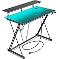 SEVEN WARRIOR Gaming Desk with LED Lights & Power Outlets, 31.5" Computer Desk with Monitor Shelf, Home Office Desk with Cup Holder and Headphone Hook, Ergonomic, Carbon Fiber Surface Black