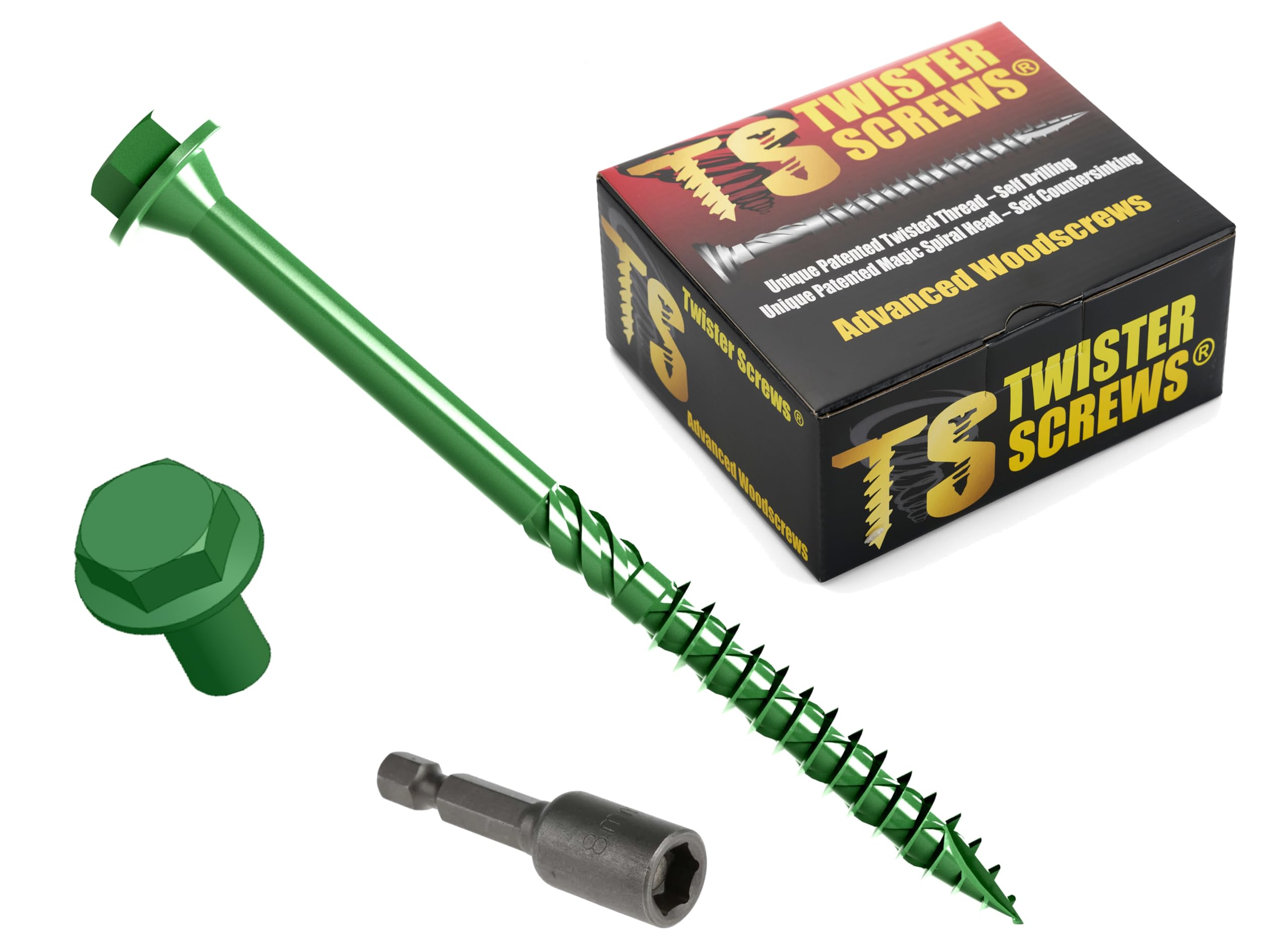 Twister Screws Hex Head Double-Threaded Timber Screw - 6.7 x 200mm - Green - Box of 50 | Hardened Carbon Steel | Self-Drilling/Self-Countersinking | Quick-Grab Sharp Point — image 1