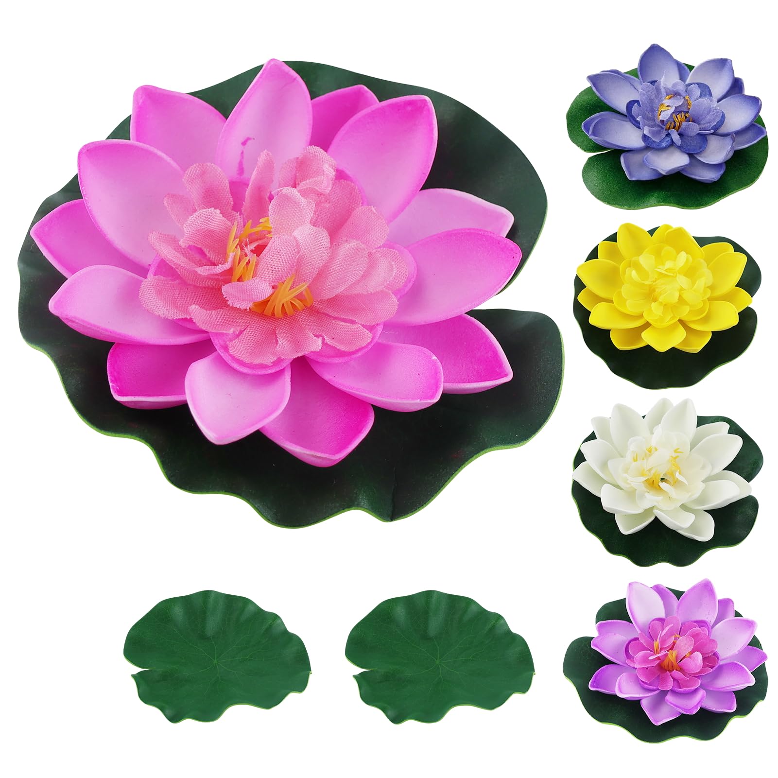 5 Pcs Artificial Water Lilies and Lotus Flower Set With 2 Leaves - Floating Pond Decoration for Outdoor Aquarium Pool Patio
