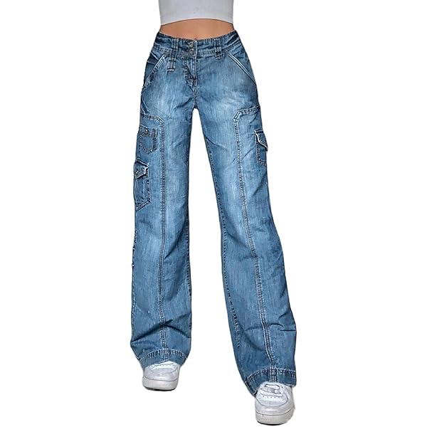 パンツ grunge evisu donna flare denim pants y2k Sunisery Women Goth Low Waist Trousers Baggy Wide Leg Denim