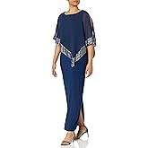 S.L. Fashions Womens Long Capelet Mother of The Bride Dress with Metallic Trim (Petite and Regular Sizes)