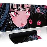 Cute Girl Cat Mouse Pad Anime Large Desk Mat Extended Keyboard Mouse Pad Kawaii Mousepad with Non-Slip Base and Stitched Edge Gaming Mouse Mat Desk Pad 31.5 X 11.8 in Mouse Pads for Desk Home Office
