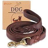 QUMY 4ft Brown Leather Dog Leash for Large Medium Small Dogs Training Leash | Soft Strong Braided Handmade Genuine Leather 4 foot Long Lead Leash for Dogs That Pull, Heavy Duty Tactical Dog Puppy Leash