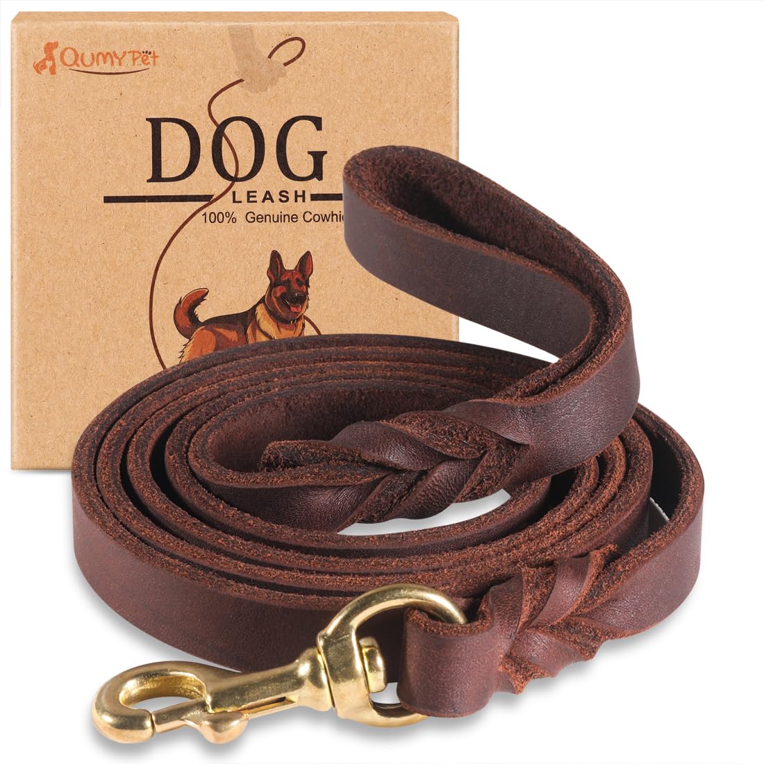 Photo 1 of QUMY Leather Dog Leash 4ft, Heavy Duty Dog Training Leashs for Large, Medium and Small Dogs, Soft and Strong Genuine Leather Braided Handmade Long Lead Leash for Dog Training, Brown