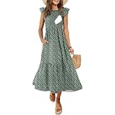 CzzzyL Women's Nursing Dress Flutter Short Sleeve Crew Neck Smocked Elastic Waist Tiered Midi with Pockets