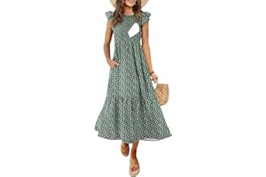 CzzzyL Women's Nursing Dress Flutter Short Sleeve Crew Neck Smocked Elastic Waist Tiered Midi with Pockets