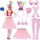 Yuefunny 11 Pcs Candy Costumes for Women Peppermint Top Candy Outfits Mini Hat Feather Loliipop Headband Earrings Necklace Glasses Rainbow Tutu Leg Stocking Glove Props Christmas Cosplay Accessories