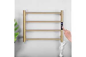 MEIJIELUO 4 Bars Gold Towel Warmer Rack, Wall Mounted Heated Towel Rack with Timer & Temperature Control, Electric Towel Warmers for Bathroom (4 Bars Brushed Gold D, Plug-in)