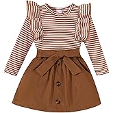 fhutpw Baby Toddler Girl Clothes Stripe Ruffle Long Sleeve Tops & Corduroy Button Mini Skirts Set Fall Winter Outfits