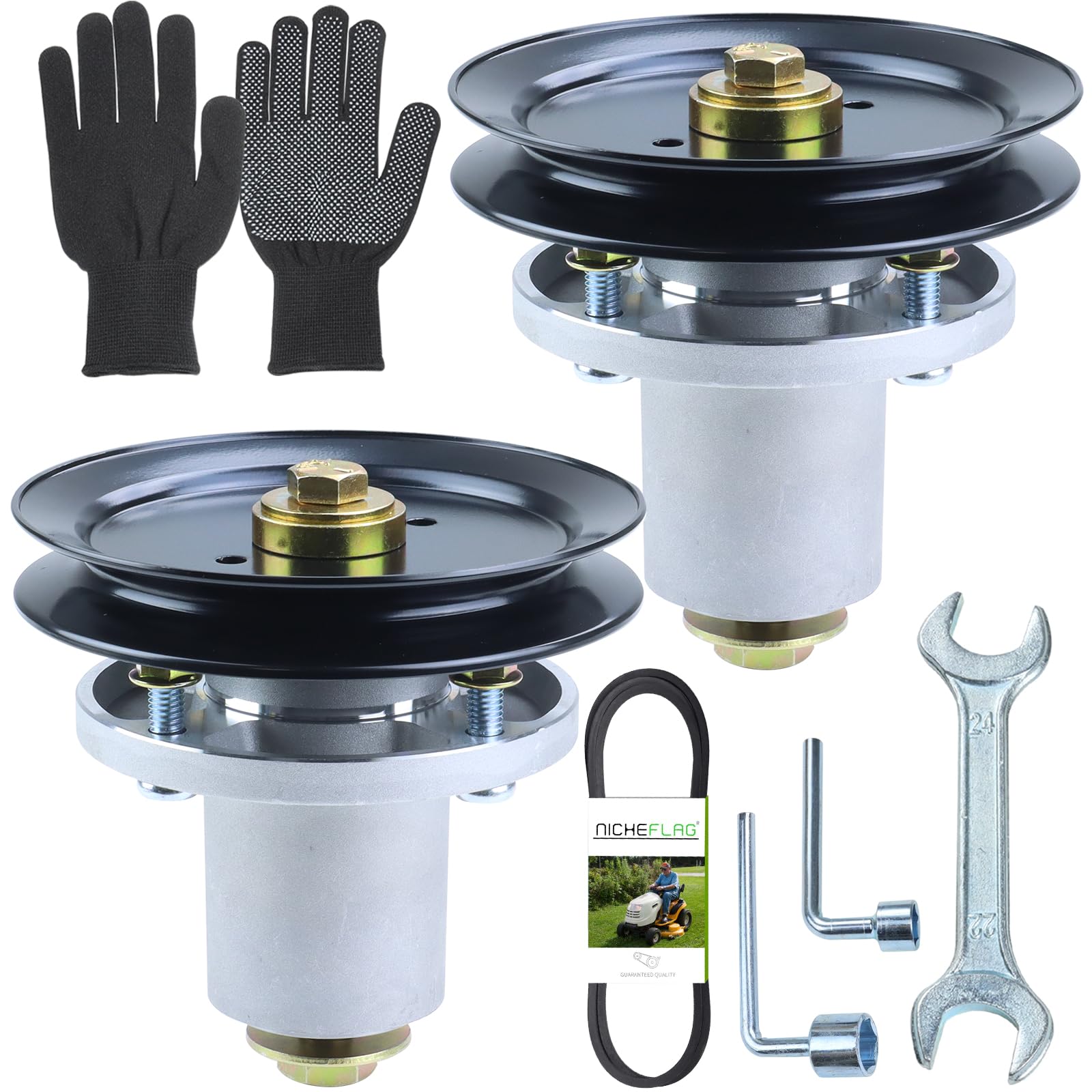 Photo 1 of NICHEFLAG 2 Pack 607418 Spindle Assembly with Mower Pulley 604704 Pulley 606016 Belt Replaces Spindle 607418 Hustler, Hustler 601804 Spindle Assembly for Hustler 42 Inch Spindle