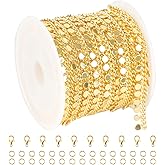 YOUBEIYEE 9.8 Feet 18K Gold Plated Brass Jewelry Chains Bulk Twisted Curb Link Chain Roll Shiny Sequin Waist Chain DIY for Women Jewelry Supplies Findings