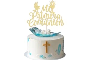 Gyufise 1Pcs Mi Primera Comunión Cake Topper Glitter First Holy Communion Cake Decorations God Bless This Child Baby Shower Wedding Baptism Christening Party Decorations Gold