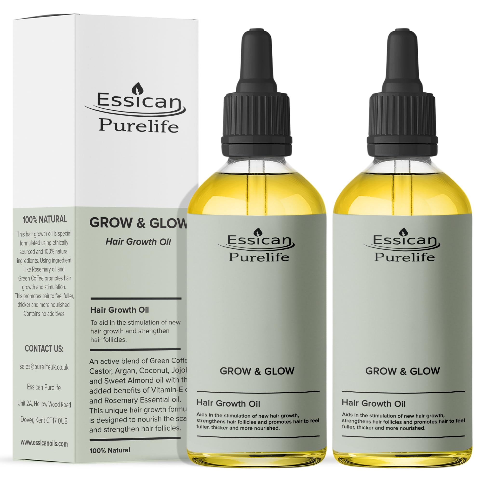 Essican Purelife Hairgrowth Oil with Biotin 100ml, 2 Pack Rosemary, Argan, Coconut, Coffee, Vitamin E, Castor Oils, Natural Hair Oil for Hair Growth Scalp Serum, Promotes Thicker & Fuller Hairs
