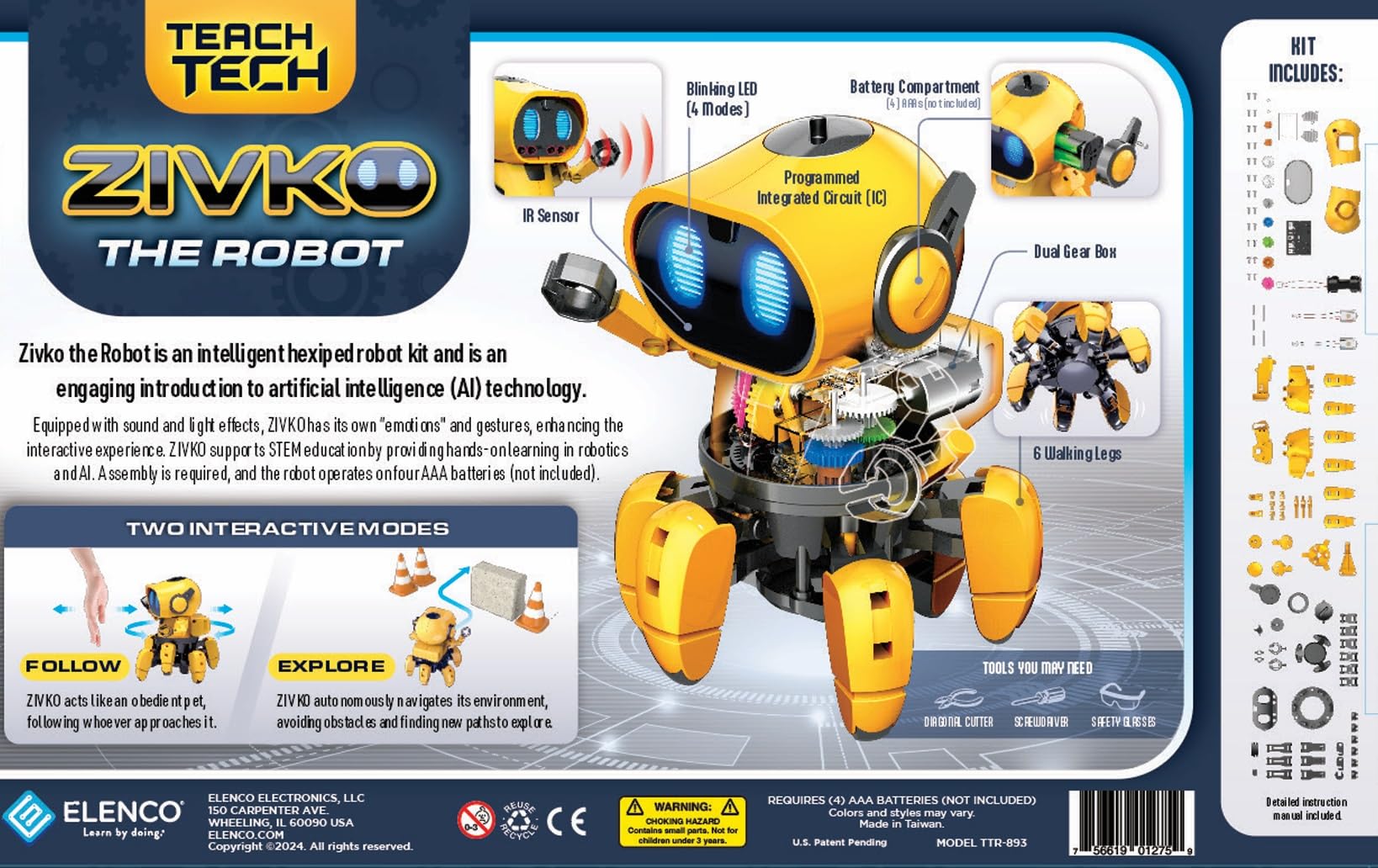 Elenco Teach Tech “Zivko The Robot”, Interactive A/I Capable Robot with Infrared Sensor, STEM Learning Toys for Kids 10+, includes Assembly Parts