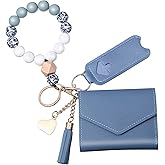 Weewooday Wristlet Bracelet Keychain Wallet Gift for Women Christmas Small Silicone Beaded Keyring Purse Leather Card Holder(Sky Blue)