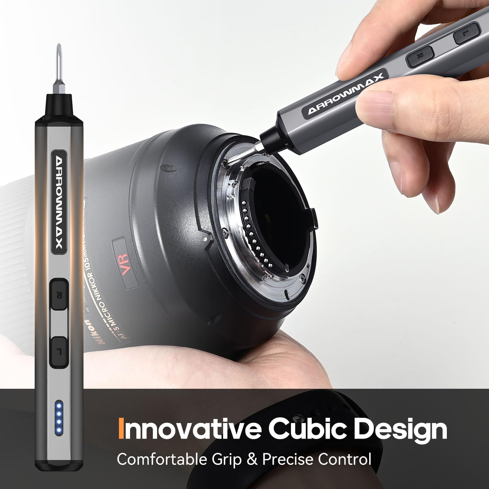 AM ARROWMAX Mini Electric Screwdriver, Precision Screwdriver Set w/ 28 Magnetic Bits, Red Dot, IF Winning Design, Rechargeable Cordless Screwdriver for Phone, Laptop, Watch, RC(SES MINI) Grey