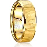 TUNGSTORY 8mm Mens Wedding Band with Hammered Finish, Black/Silver-Color/14K Gold-Plated Tungsten Carbide Ring, Beveled Edges, Customizable, Comfort Fit for Engagement/Daily/Birthday Gift, Size 7-13