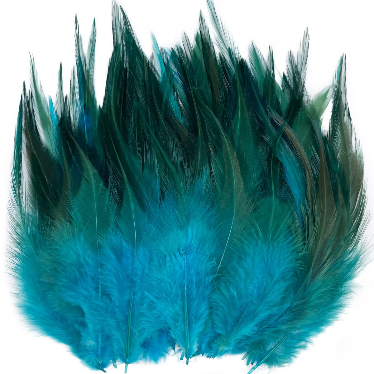 Photo 1 of 100pcs Turquoise Blue Feathers for Crafts, 5-7Inch Rooster Saddle Hackle Feathers for Crafting Dream Catchers Supplies DIY Pendant Earrings Crafts Wedding Party Decoration