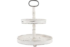 Creative Co-Op Distressed Wood 2-Tier Tray with Metal Handle, White